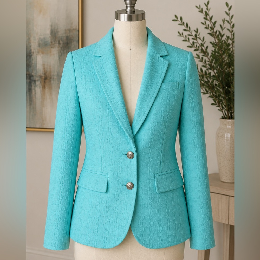 Banana Republic Aqua Jacquard Blazer Gold Buttons Size 4 Tall